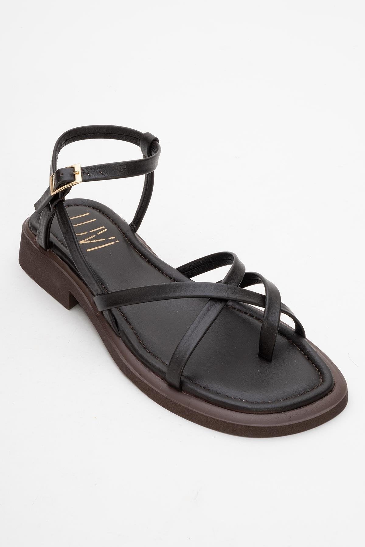 Antas - Brown Leather Sandals – detail view showing leather, Vowalisse