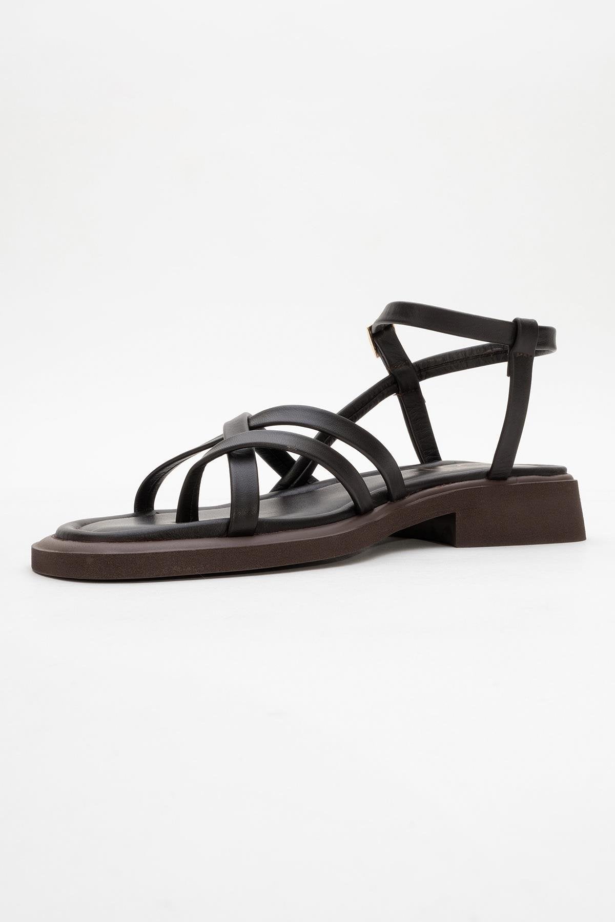 Antas - Brown Leather Sandals – heel view showing leather, Vowalisse