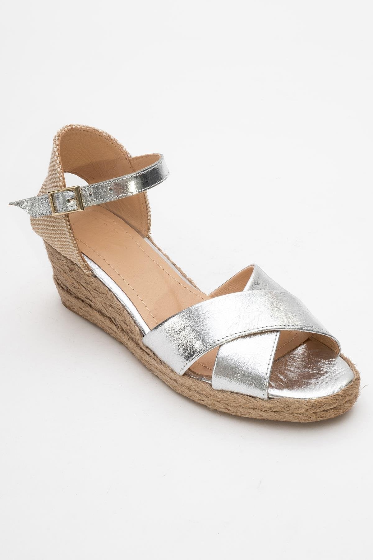 Miria - Silver Leather Platform Espadrille – detail view showing leather, silver, Vowalisse
