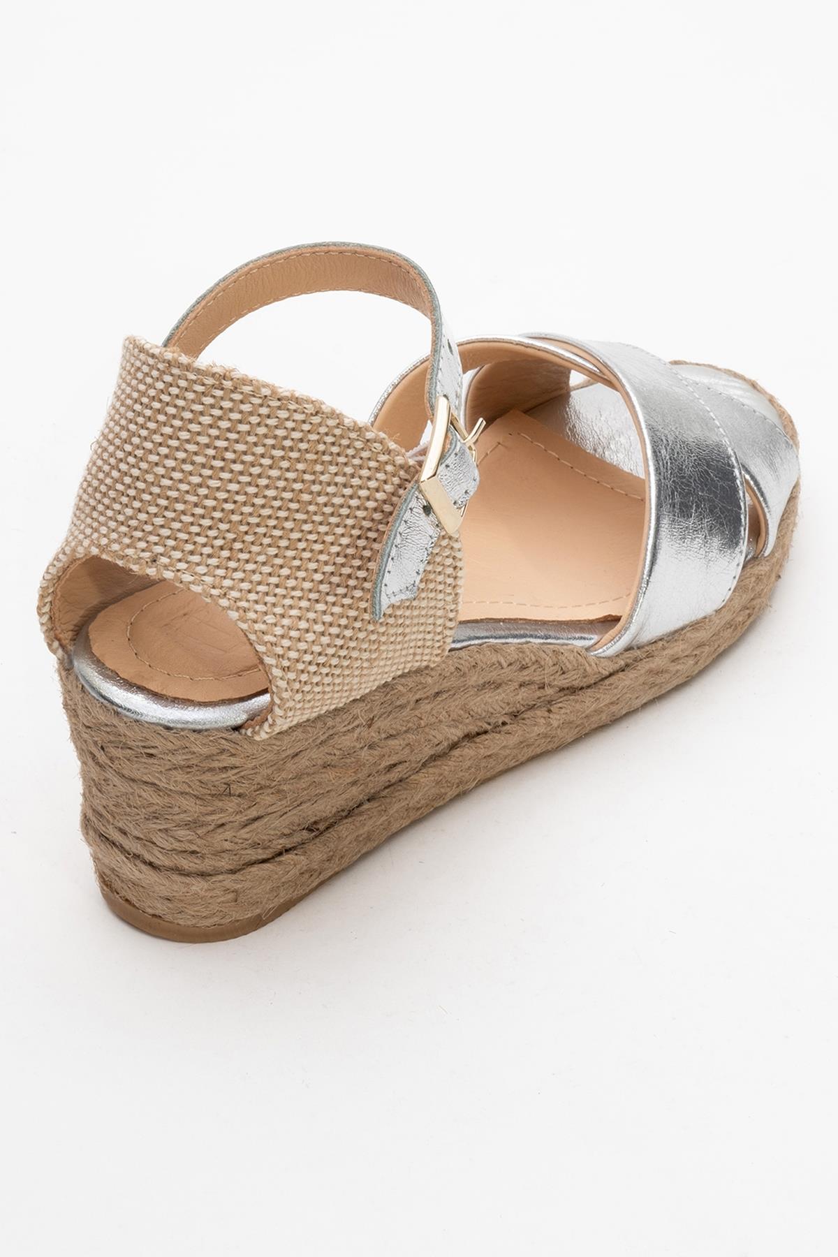 Miria - Silver Leather Platform Espadrille – back view showing leather, silver, Vowalisse