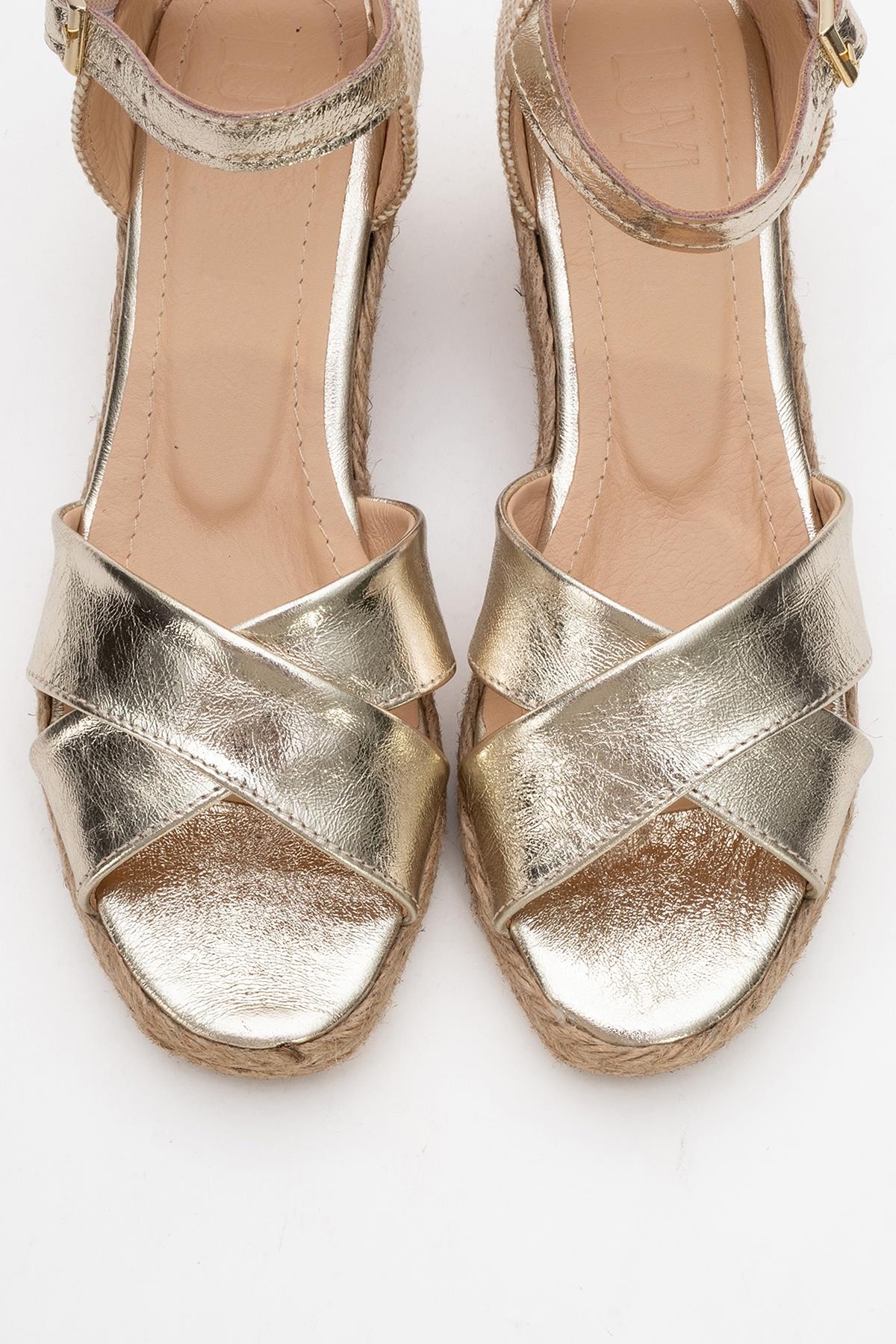 Miria - Gold Leather Platform Espadrille – side view showing leather, gold, Vowalisse