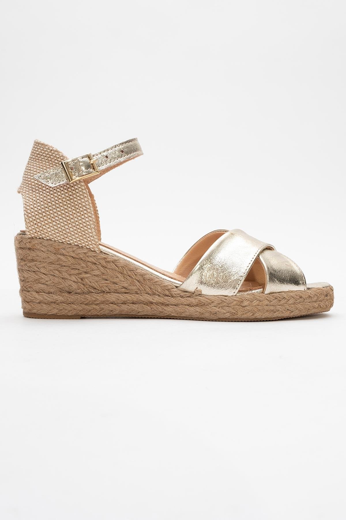 Miria - Gold Leather Platform Espadrille – top view showing leather, gold, Vowalisse