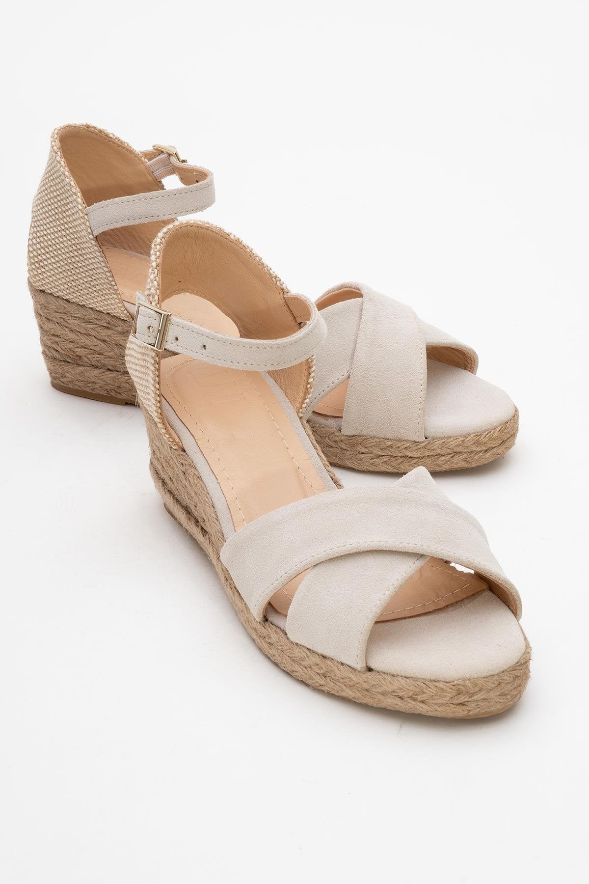Miria - Beige Suede Leather Platform Espadrille – front three-quarter view showing leather, suede, Vowalisse