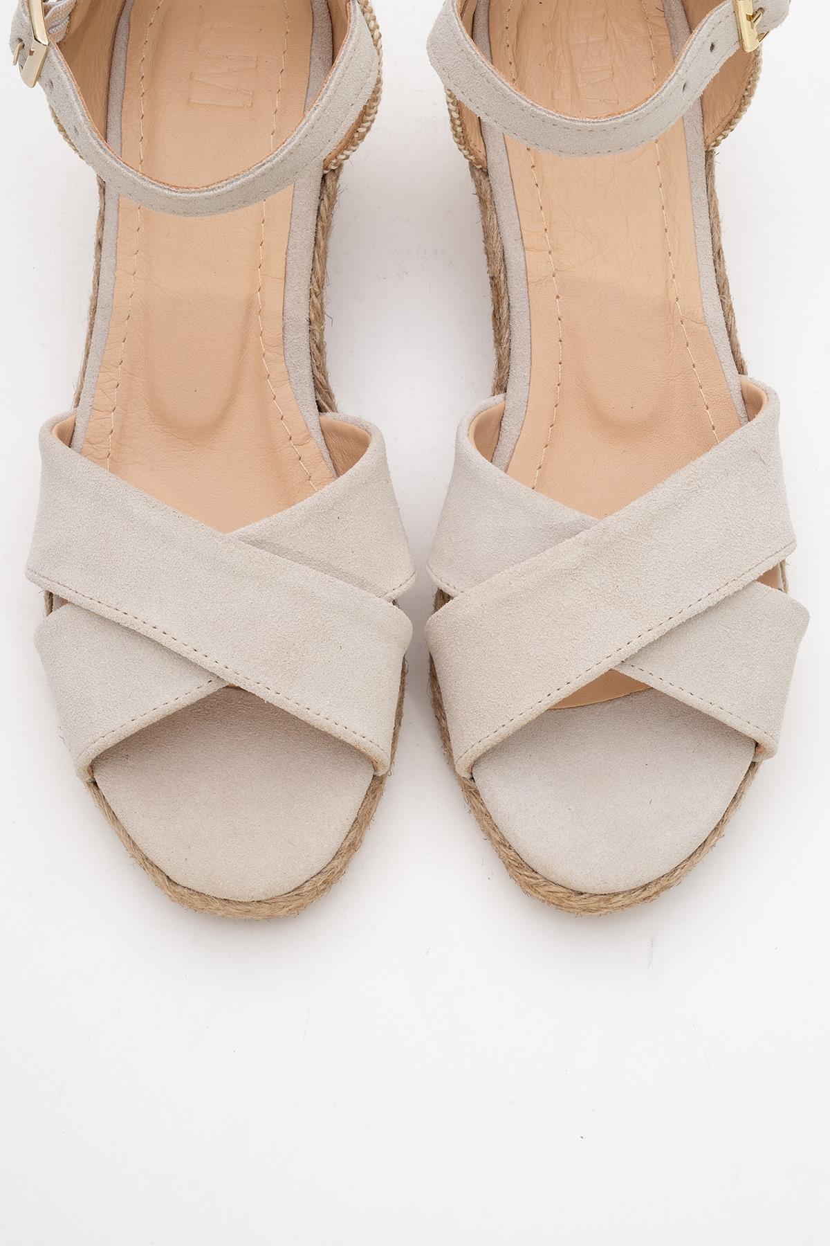 Miria - Beige Suede Leather Platform Espadrille – side view showing leather, suede, Vowalisse