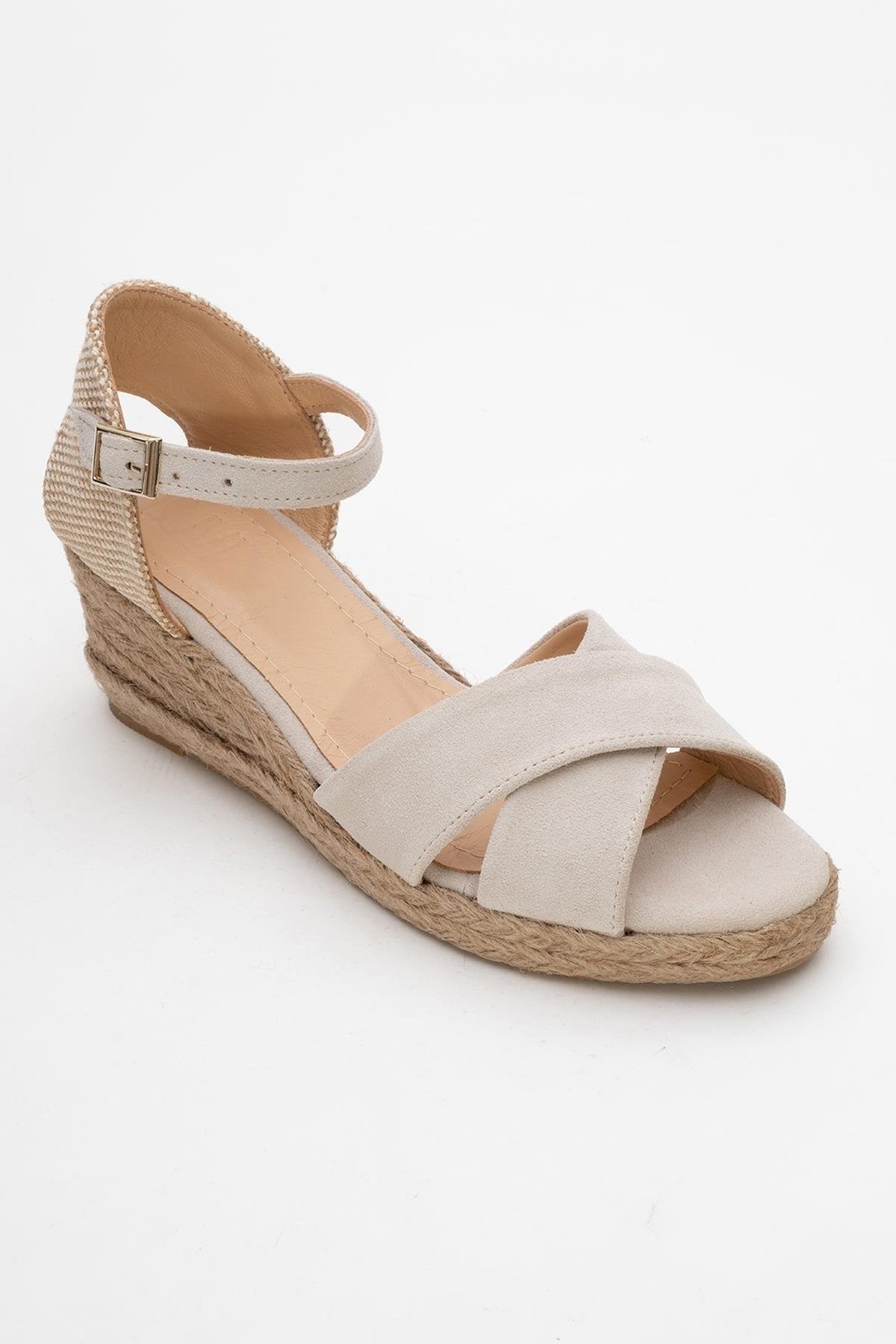 Miria - Beige Suede Leather Platform Espadrille – detail view showing leather, suede, Vowalisse