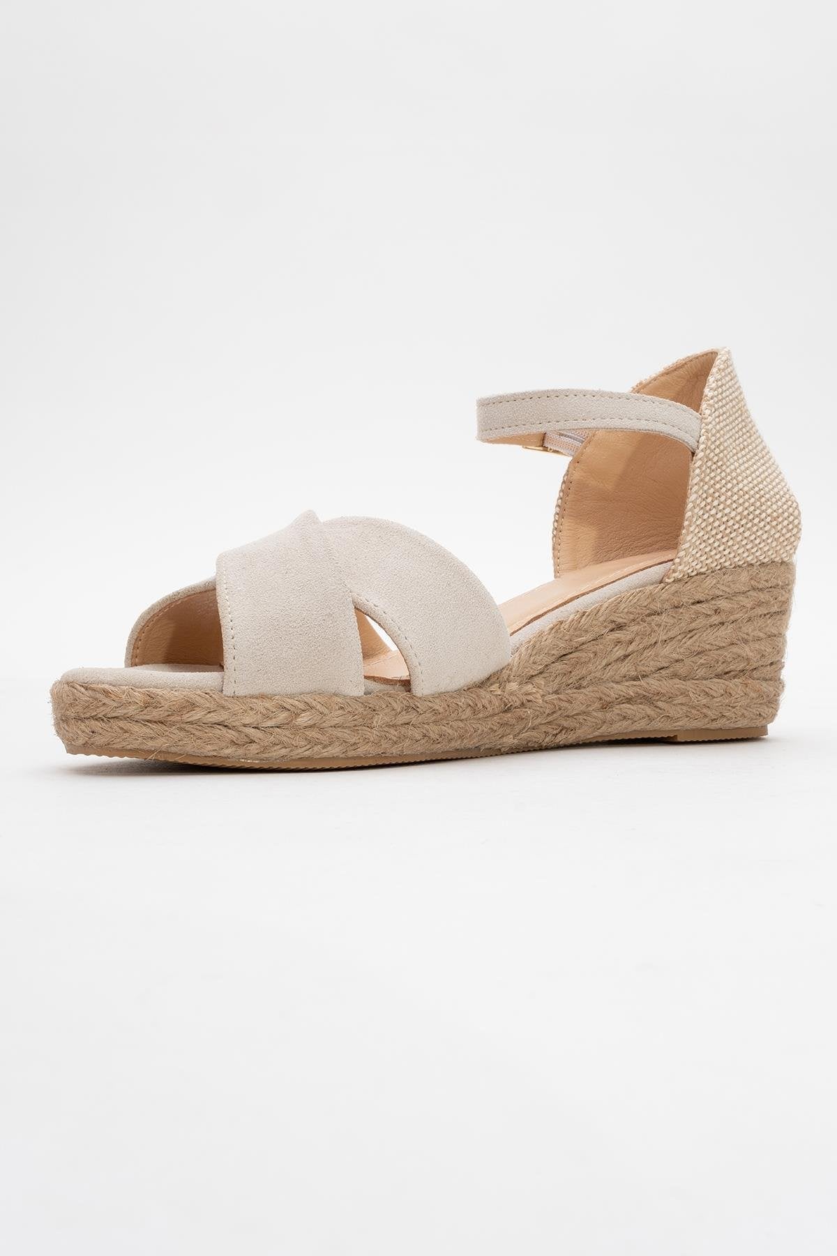 Miria - Beige Suede Leather Platform Espadrille – heel view showing leather, suede, Vowalisse