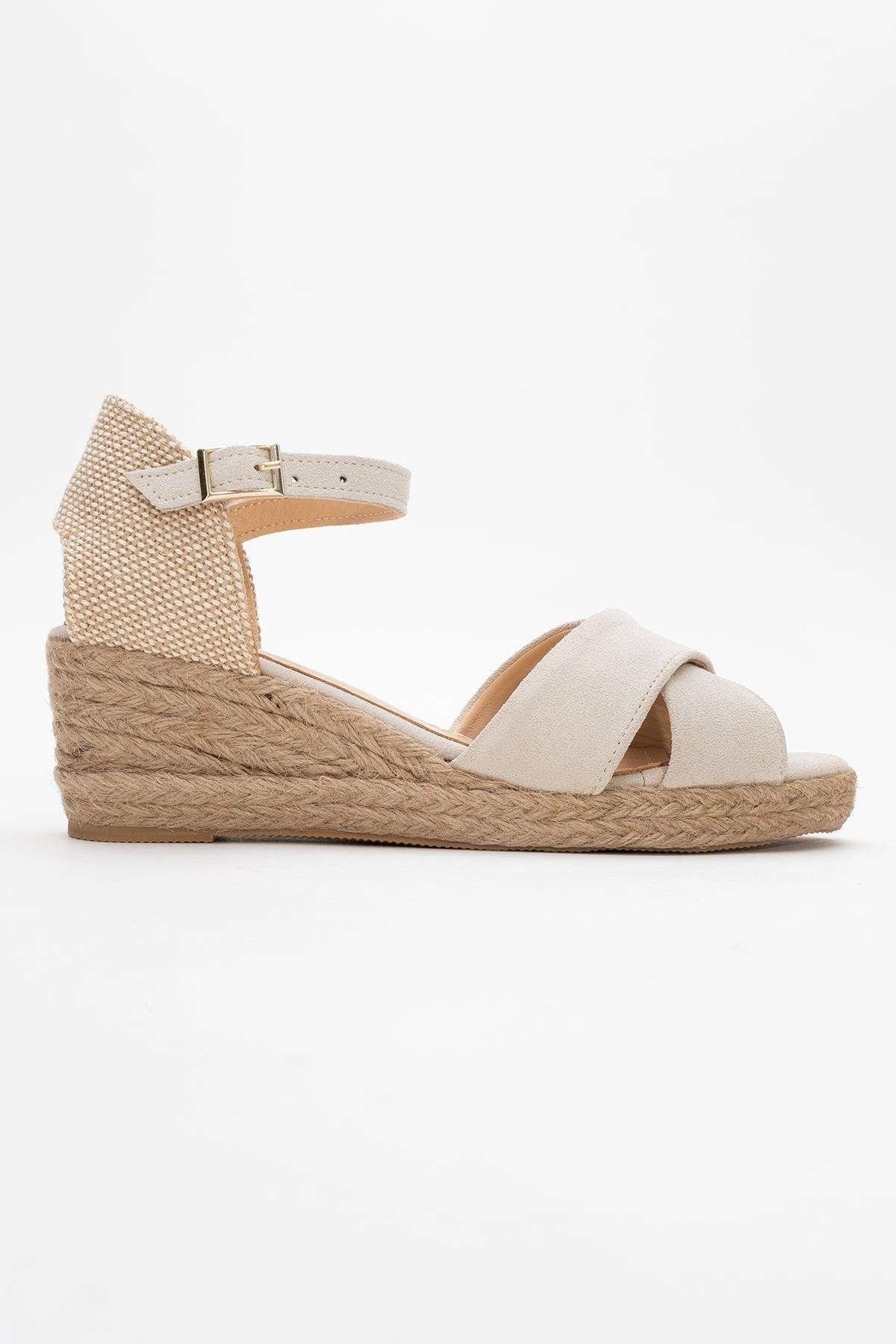 Miria - Beige Suede Leather Platform Espadrille – top view showing leather, suede, Vowalisse
