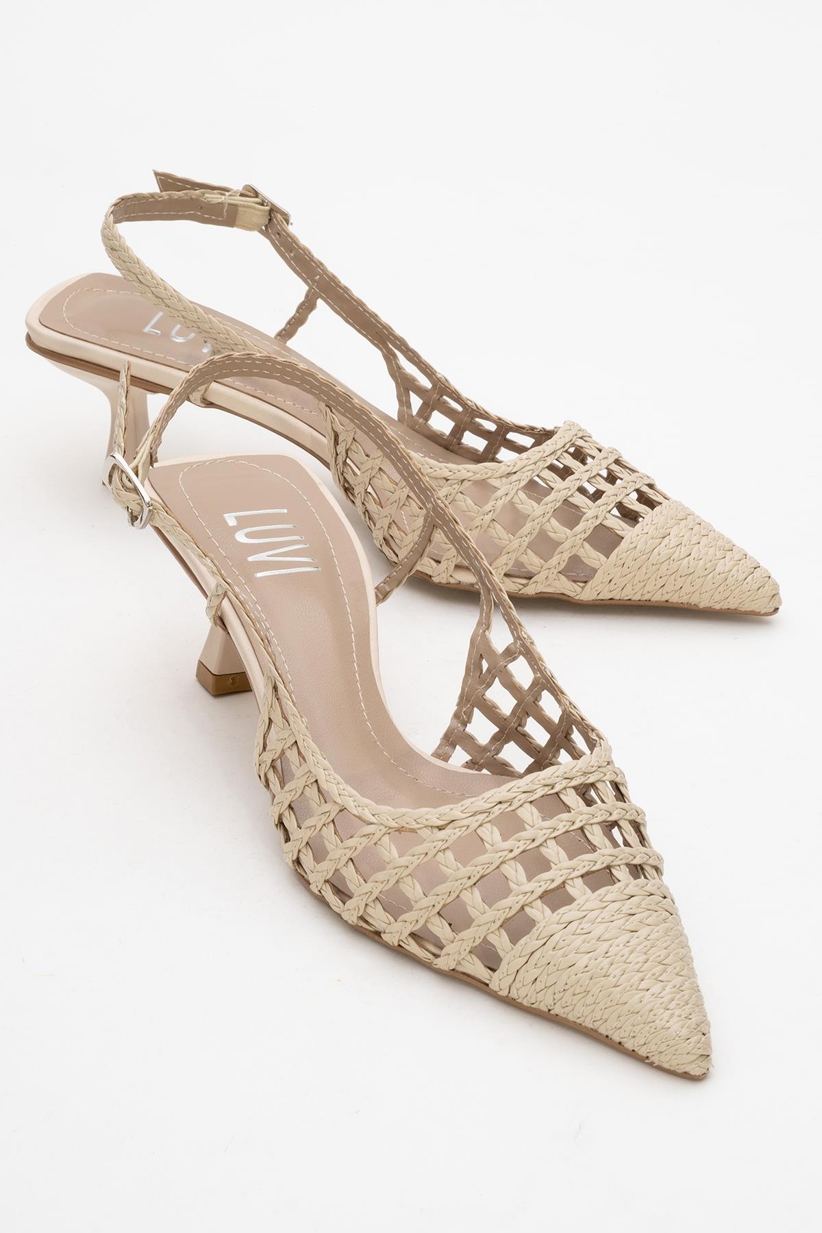 Heaven - Beige Knitted Open-Back Slingback Low Heel Shoe – front three-quarter view showing leather, Vowalisse