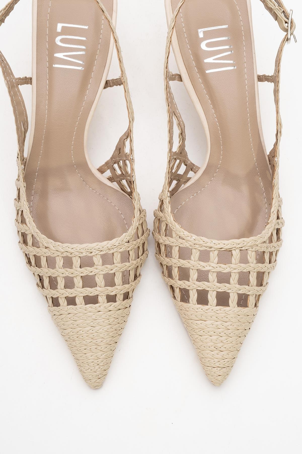 Heaven - Beige Knitted Open-Back Slingback Low Heel Shoe – side view showing leather, Vowalisse