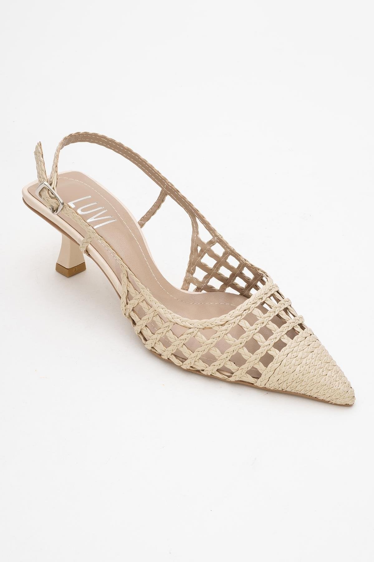 Heaven - Beige Knitted Open-Back Slingback Low Heel Shoe – detail view showing leather, Vowalisse