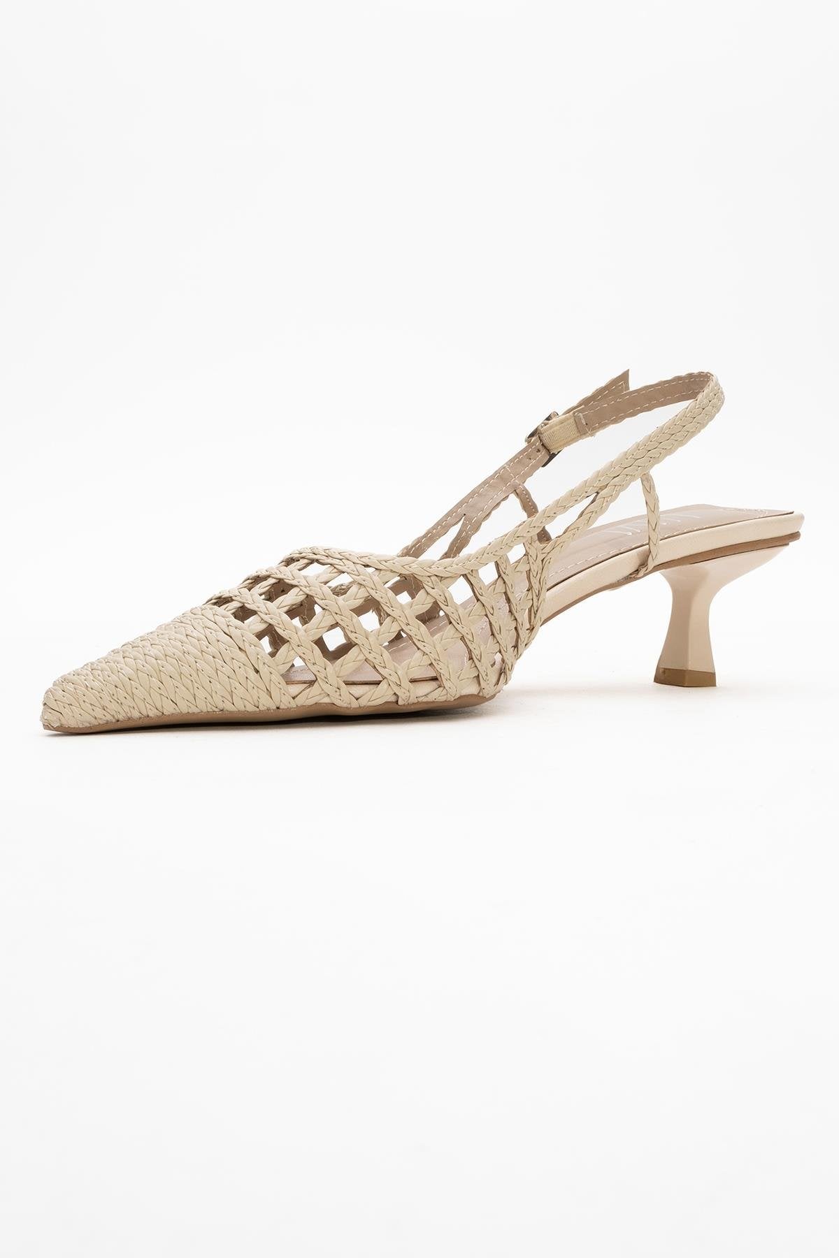Heaven - Beige Knitted Open-Back Slingback Low Heel Shoe – heel view showing leather, Vowalisse