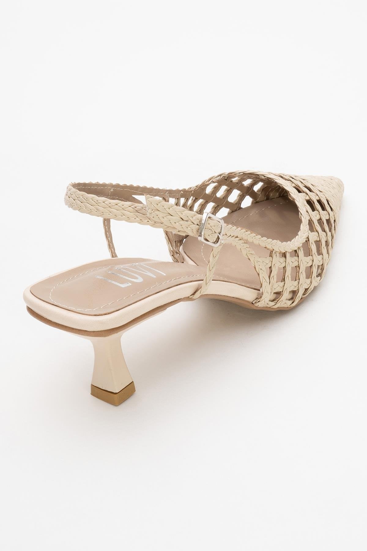 Heaven - Beige Knitted Open-Back Slingback Low Heel Shoe – back view showing leather, Vowalisse