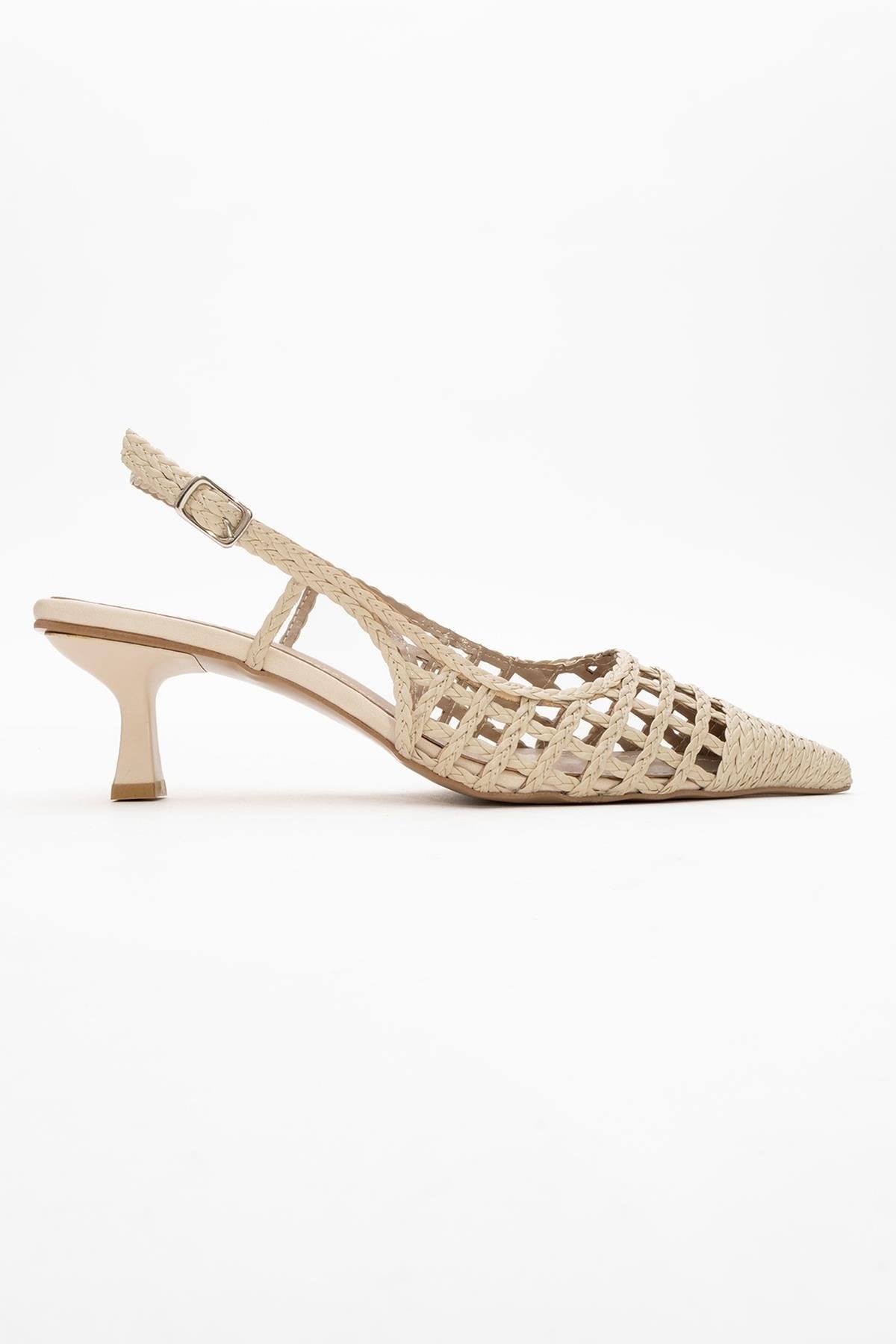 Heaven - Beige Knitted Open-Back Slingback Low Heel Shoe – top view showing leather, Vowalisse