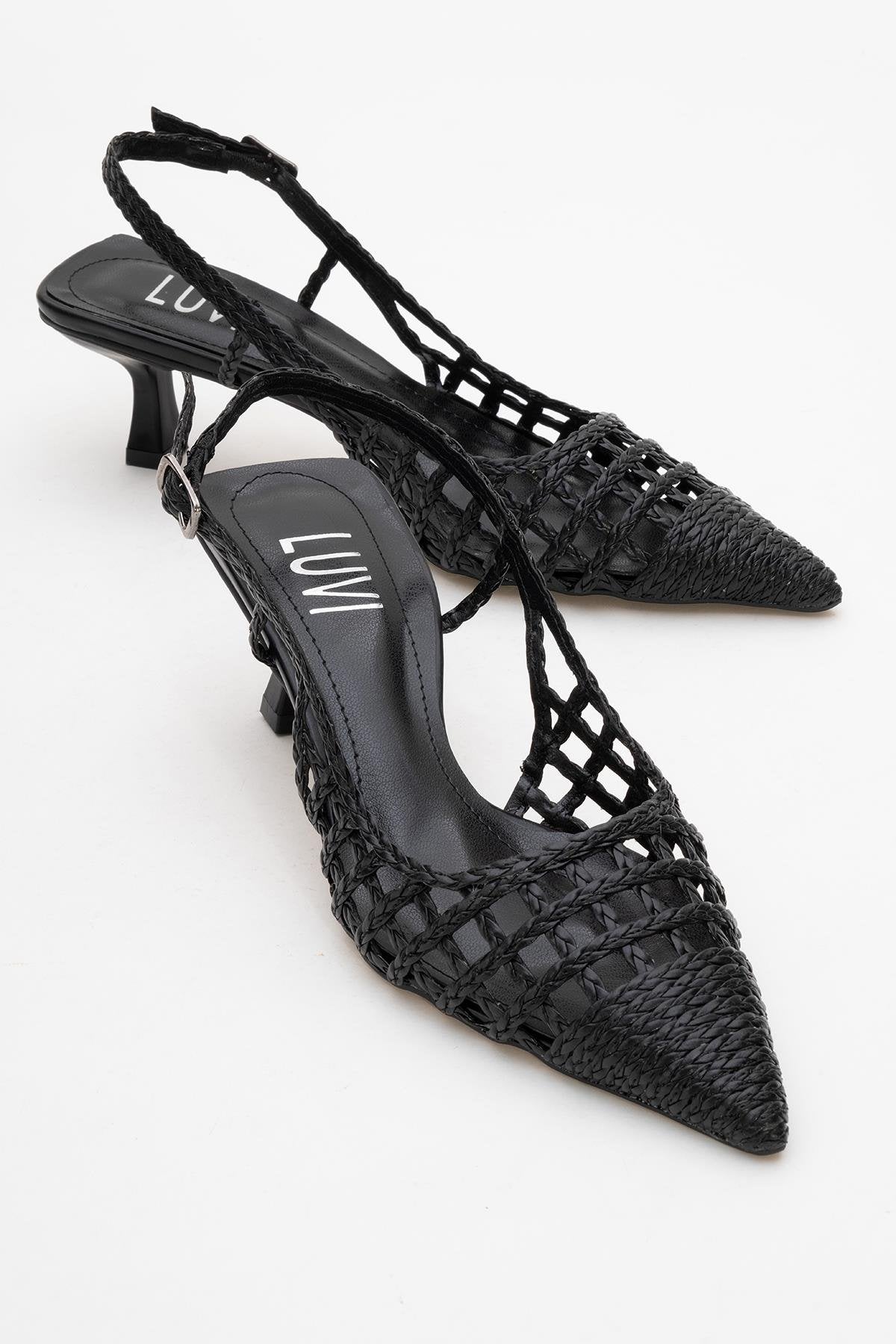 Heaven - Black Knitted Open-Back Slingback Low Heel Shoe – front three-quarter view showing leather, black, Vowalisse