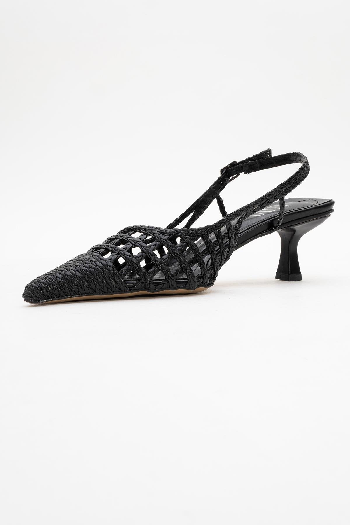 Heaven - Black Knitted Open-Back Slingback Low Heel Shoe – heel view showing leather, black, Vowalisse