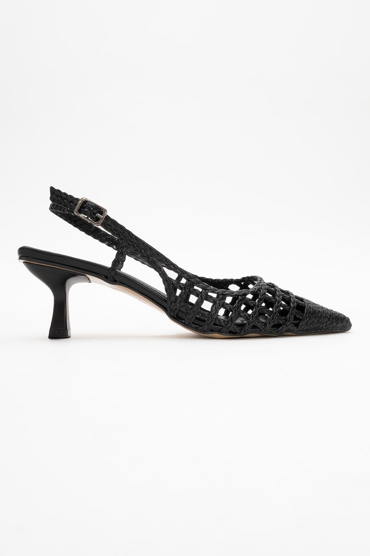 Heaven - Black Knitted Open-Back Slingback Low Heel Shoe – top view showing leather, black, Vowalisse
