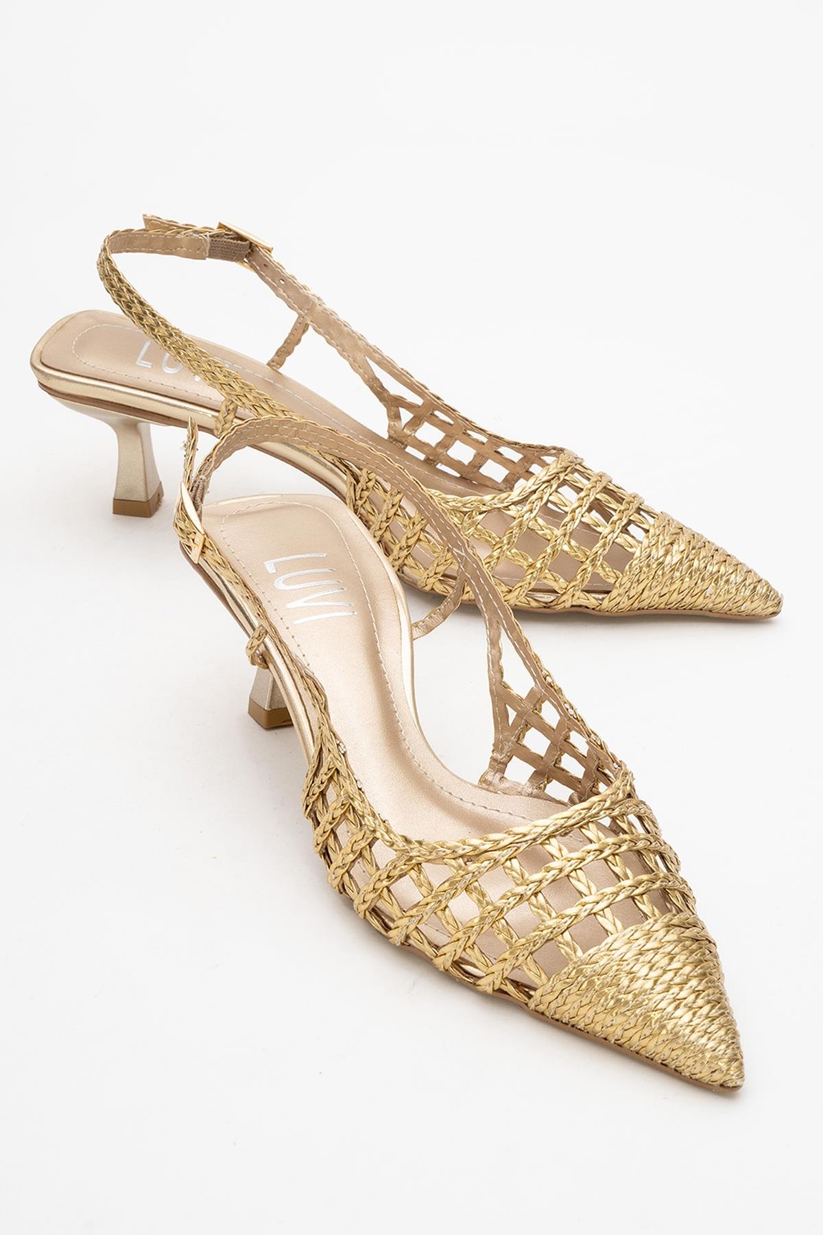 Heaven - Gold Knitted Open-Back Slingback Low Heel Shoe – front three-quarter view showing leather, gold, Vowalisse