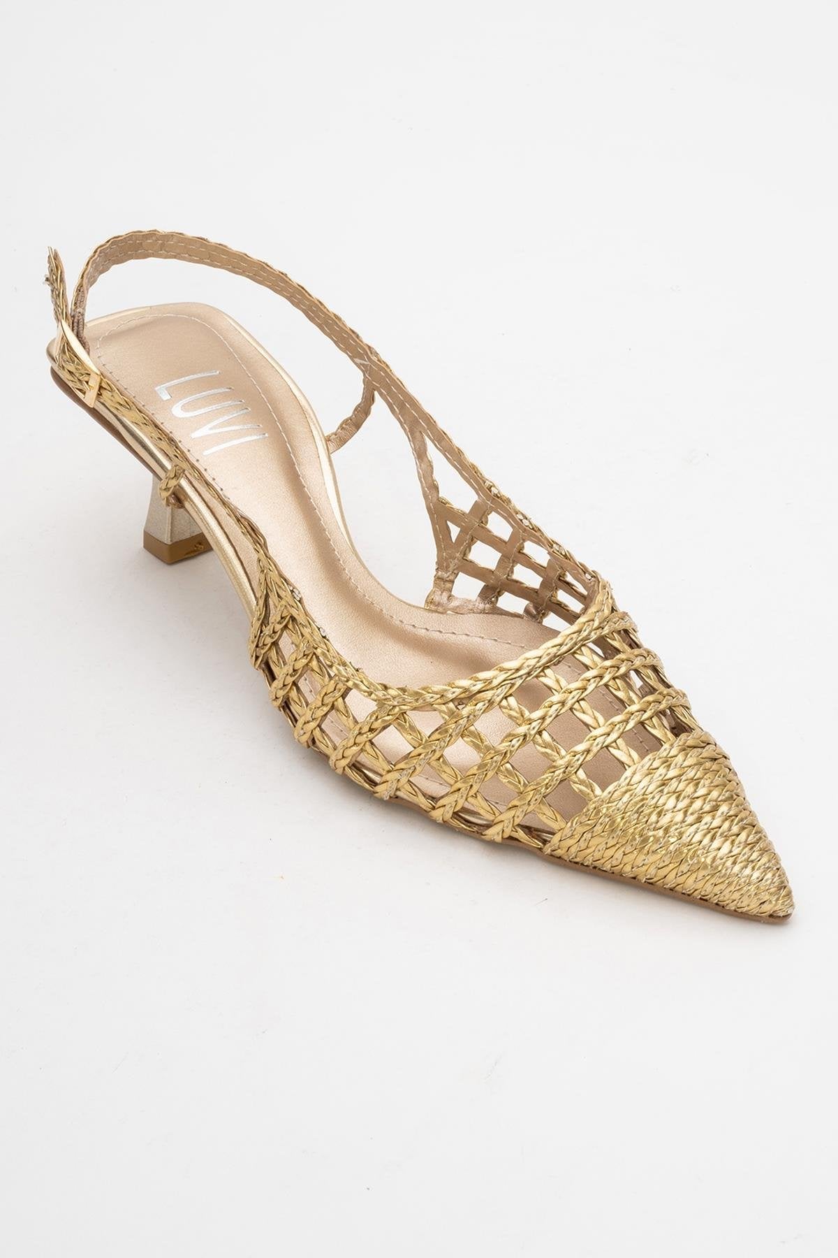 Heaven - Gold Knitted Open-Back Slingback Low Heel Shoe – detail view showing leather, gold, Vowalisse