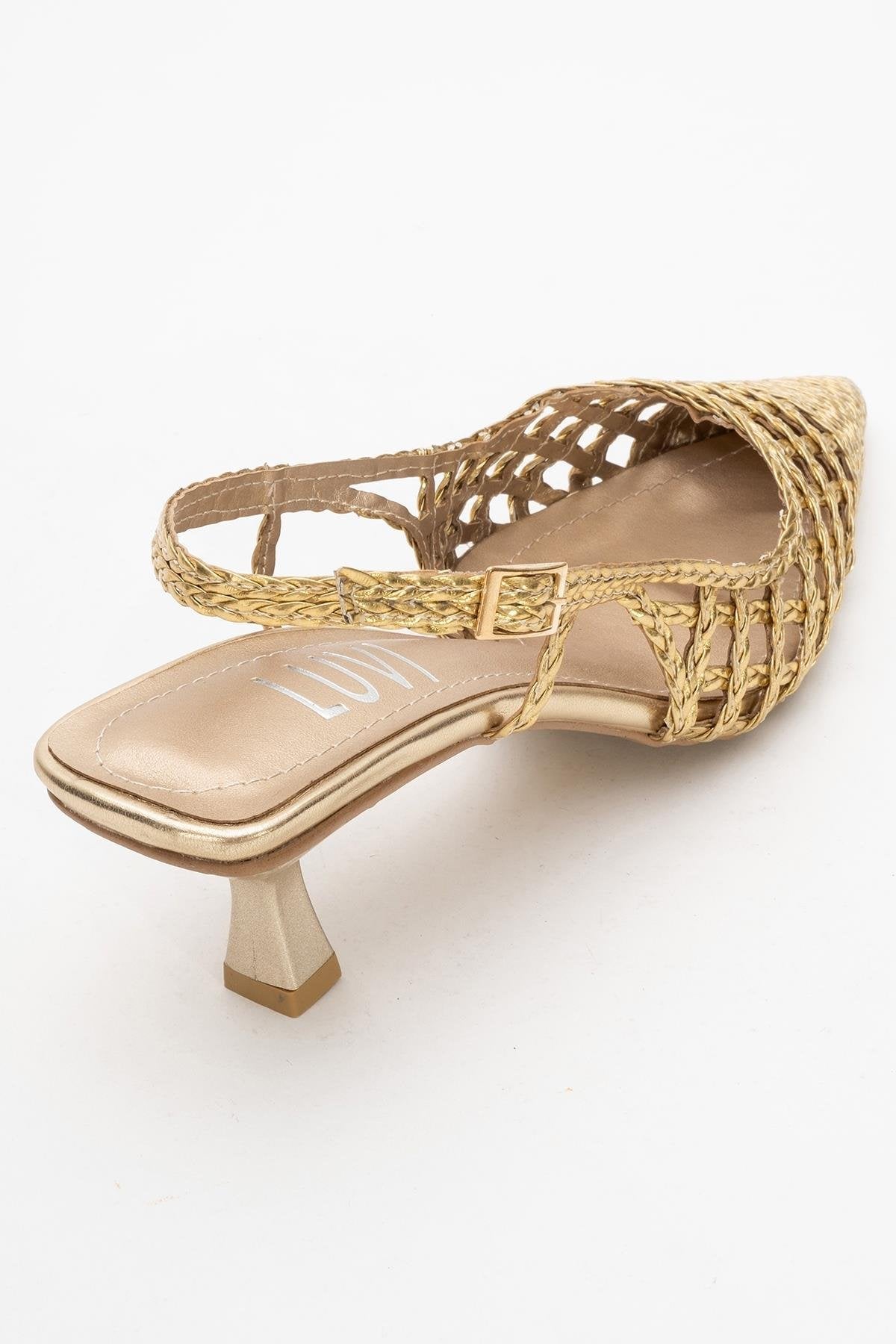 Heaven - Gold Knitted Open-Back Slingback Low Heel Shoe – back view showing leather, gold, Vowalisse