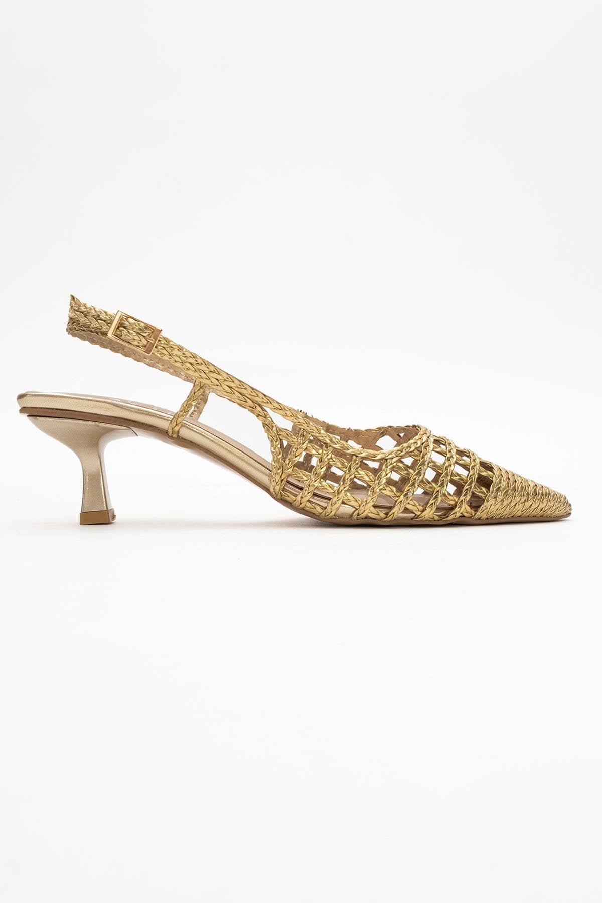 Heaven - Gold Knitted Open-Back Slingback Low Heel Shoe – top view showing leather, gold, Vowalisse