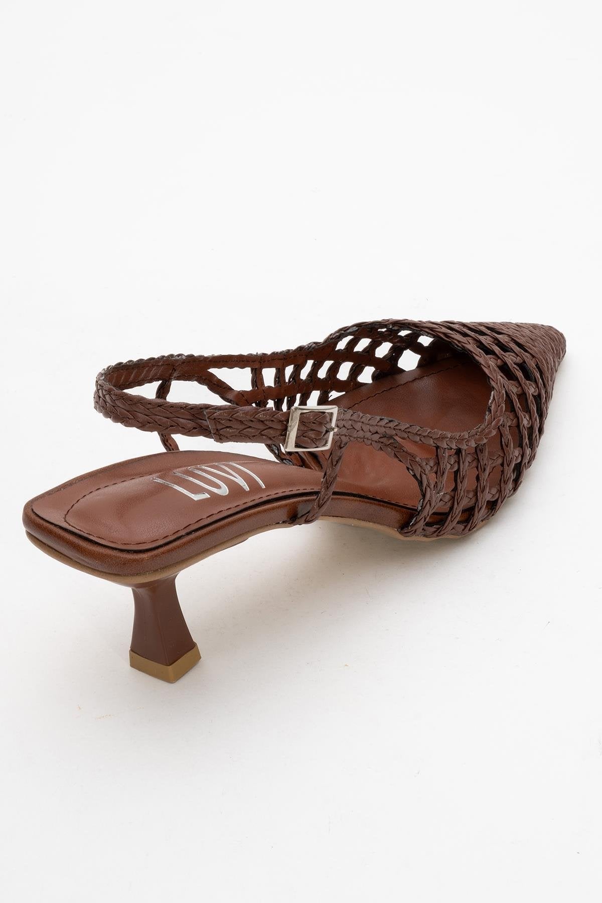 Heaven - Dark Cognac Open Back Low Heel Pump – back view showing leather, Vowalisse