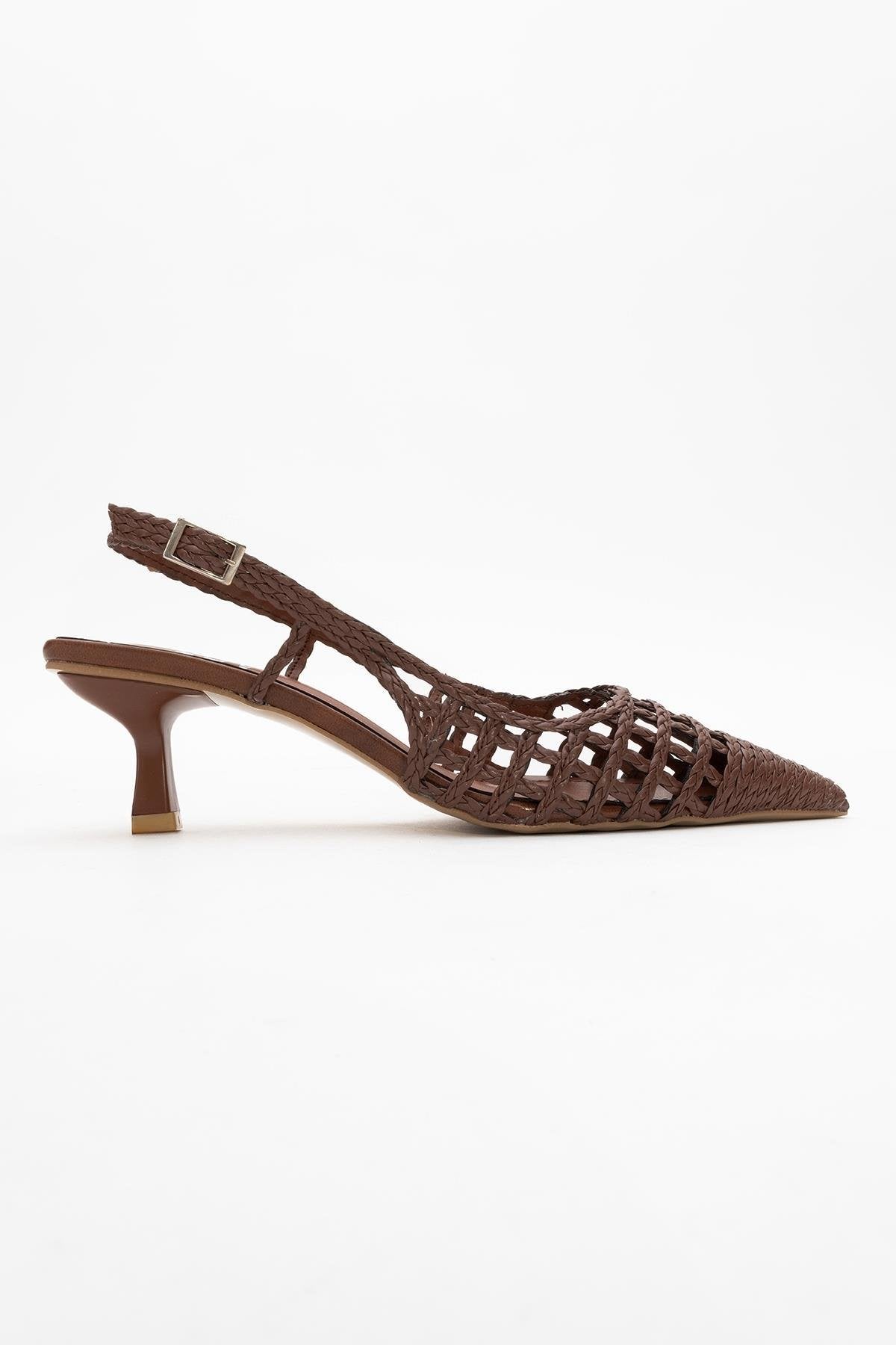 Heaven - Dark Cognac Open Back Low Heel Pump – top view showing leather, Vowalisse