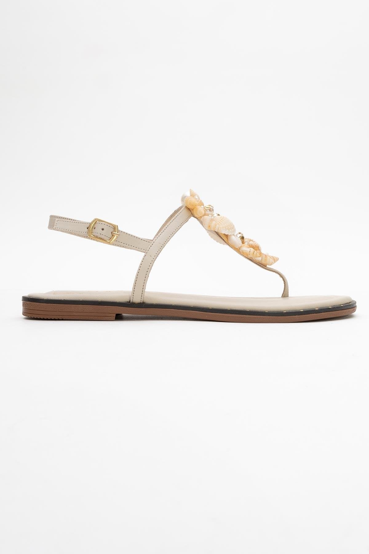 JOE Beige Leather Thong Sandal – top view showing leather, Vowalisse