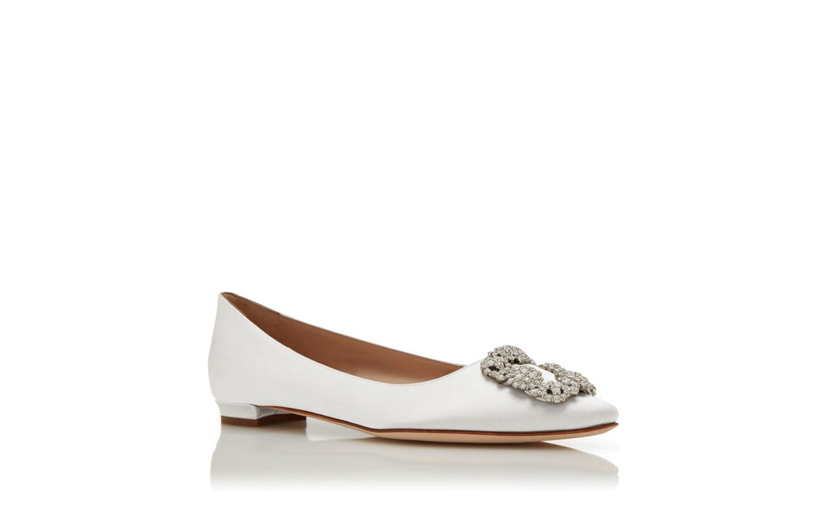 Colette Grace White Jewel Buckle Pumps – top view showing white jewel buckle, almond toe, satin, Vowalisse