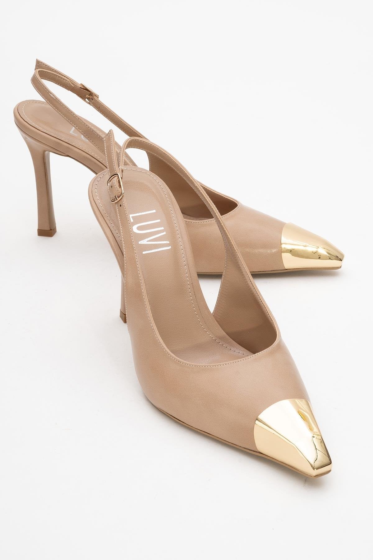 Flare - Beige Pointed Toe Stiletto Pump – front three-quarter view showing leather, Vowalisse