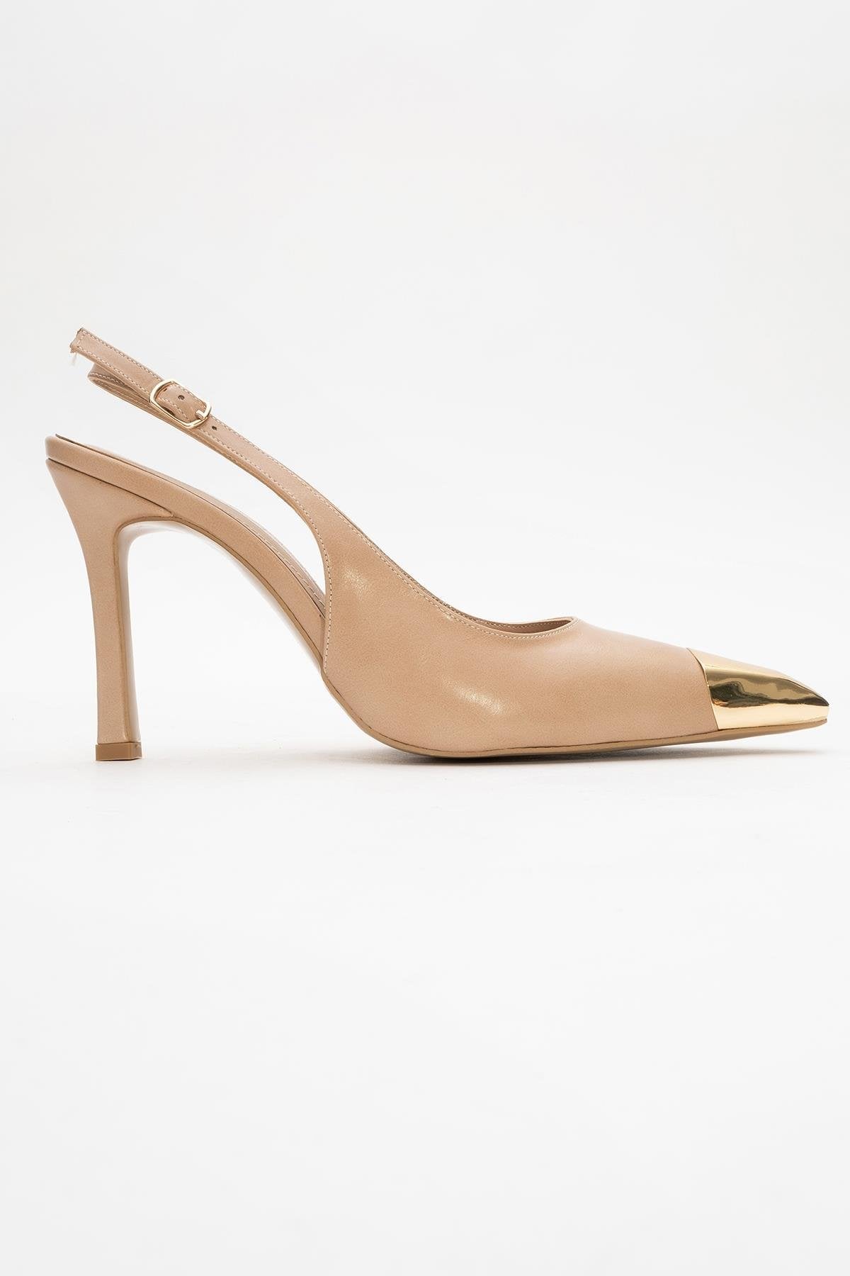 Flare - Beige Pointed Toe Stiletto Pump – top view showing leather, Vowalisse
