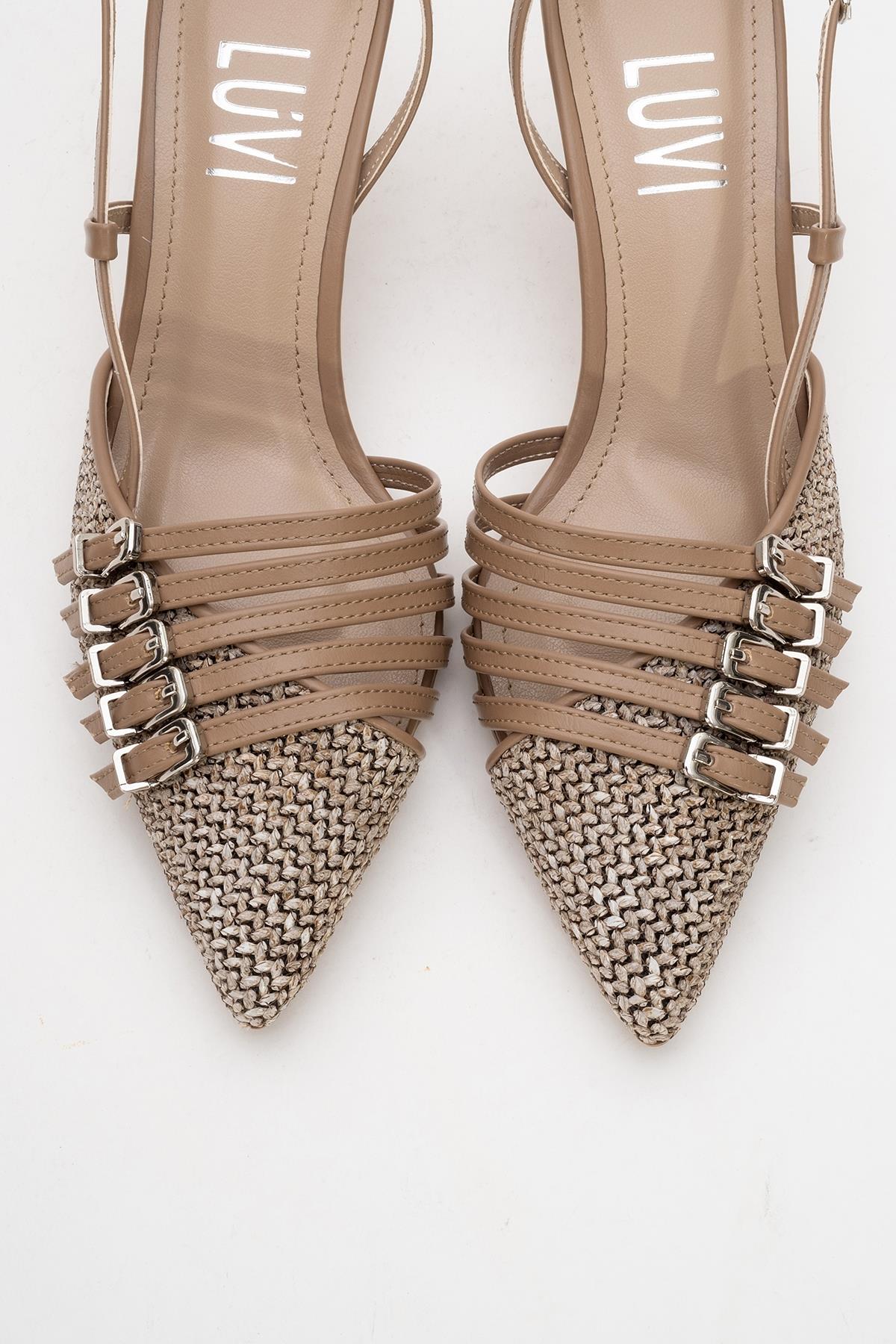 Zenith - Dark Beige Slingback Pointed Toe Heel – side view showing leather, Vowalisse