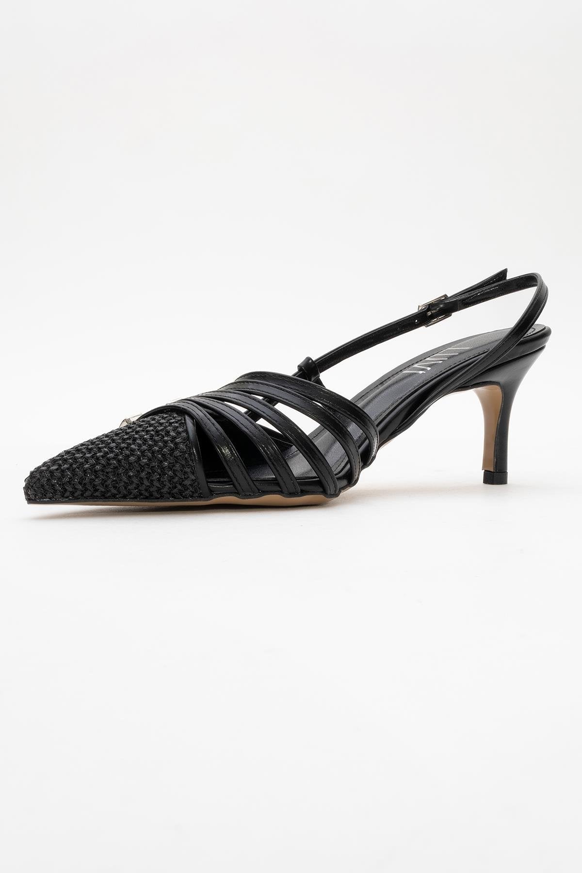 Zenith - Black Slingback Pointed Toe Heel – heel view showing leather, black, Vowalisse