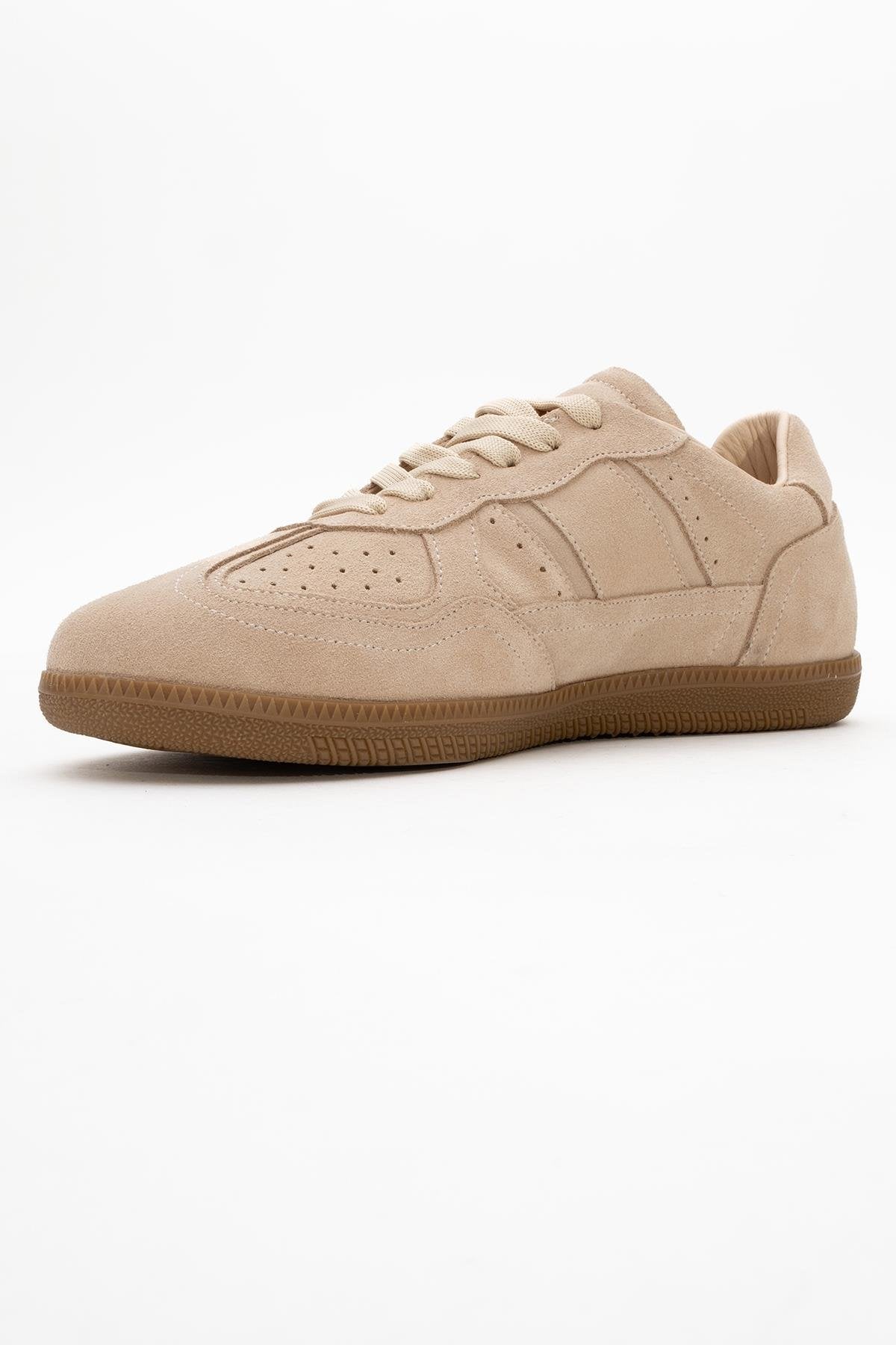 Aurel - Beige Suede Leather Sneakers – heel view showing lace, leather, suede, Vowalisse