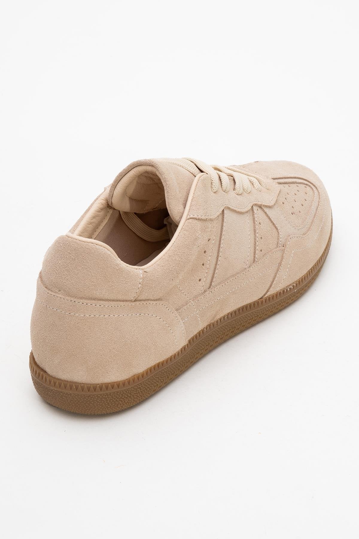 Aurel - Beige Suede Leather Sneakers – back view showing lace, leather, suede, Vowalisse
