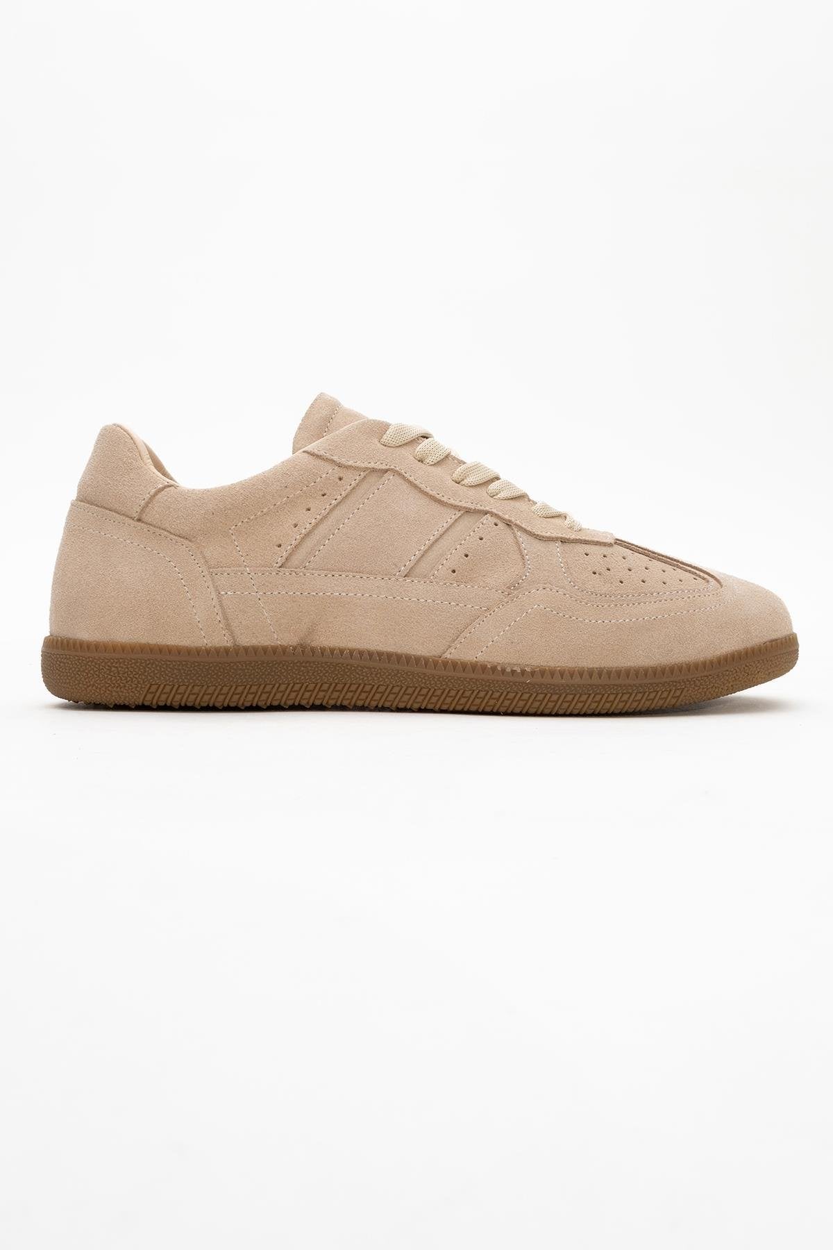 Aurel - Beige Suede Leather Sneakers – top view showing lace, leather, suede, Vowalisse