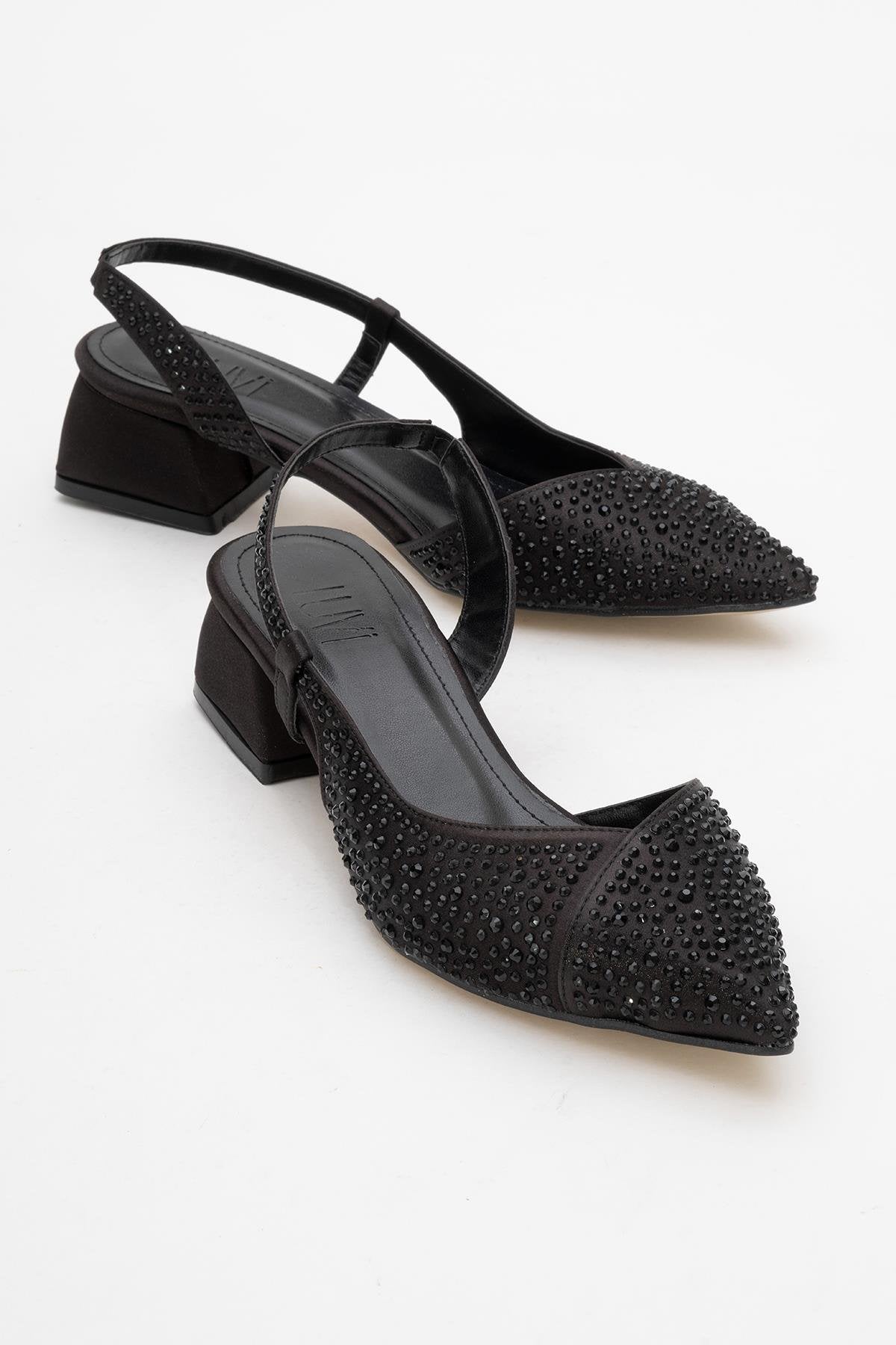 Sella - Black Jeweled Low Heel Shoe – front three-quarter view showing leather, black, Vowalisse