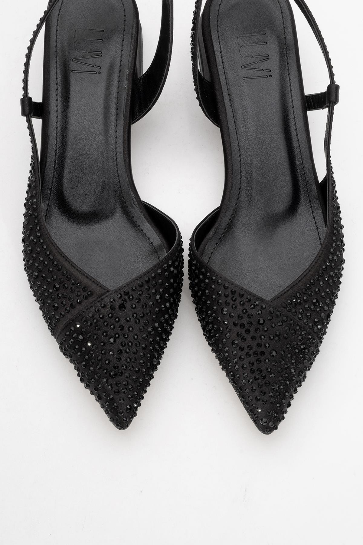 Sella - Black Jeweled Low Heel Shoe – side view showing leather, black, Vowalisse