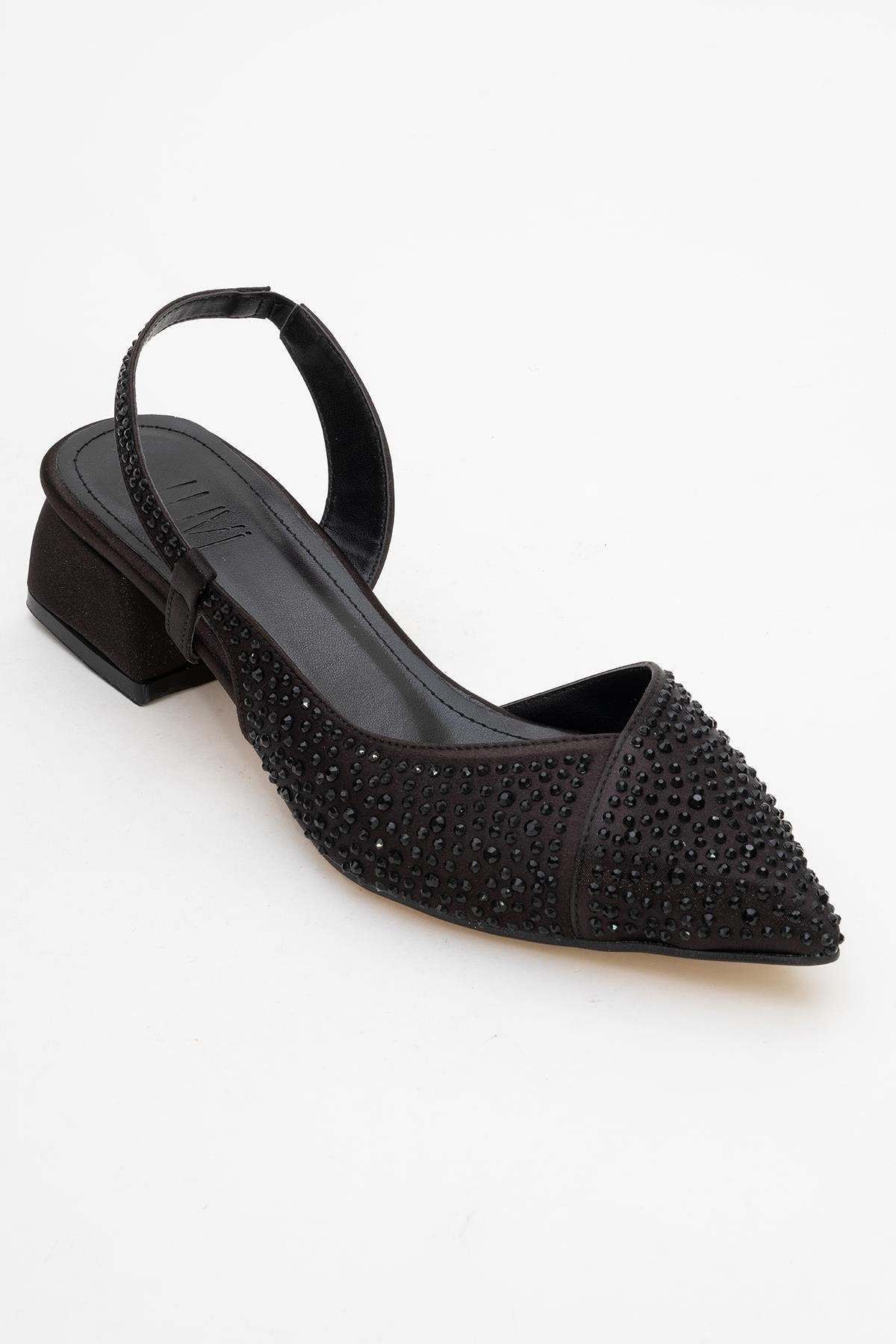 Sella - Black Jeweled Low Heel Shoe – detail view showing leather, black, Vowalisse