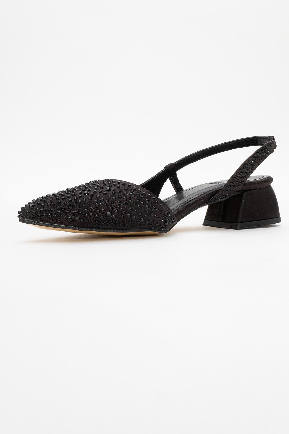 Sella - Black Jeweled Low Heel Shoe – heel view showing leather, black, Vowalisse