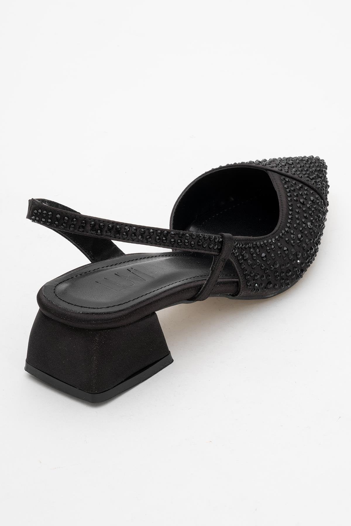 Sella - Black Jeweled Low Heel Shoe – back view showing leather, black, Vowalisse