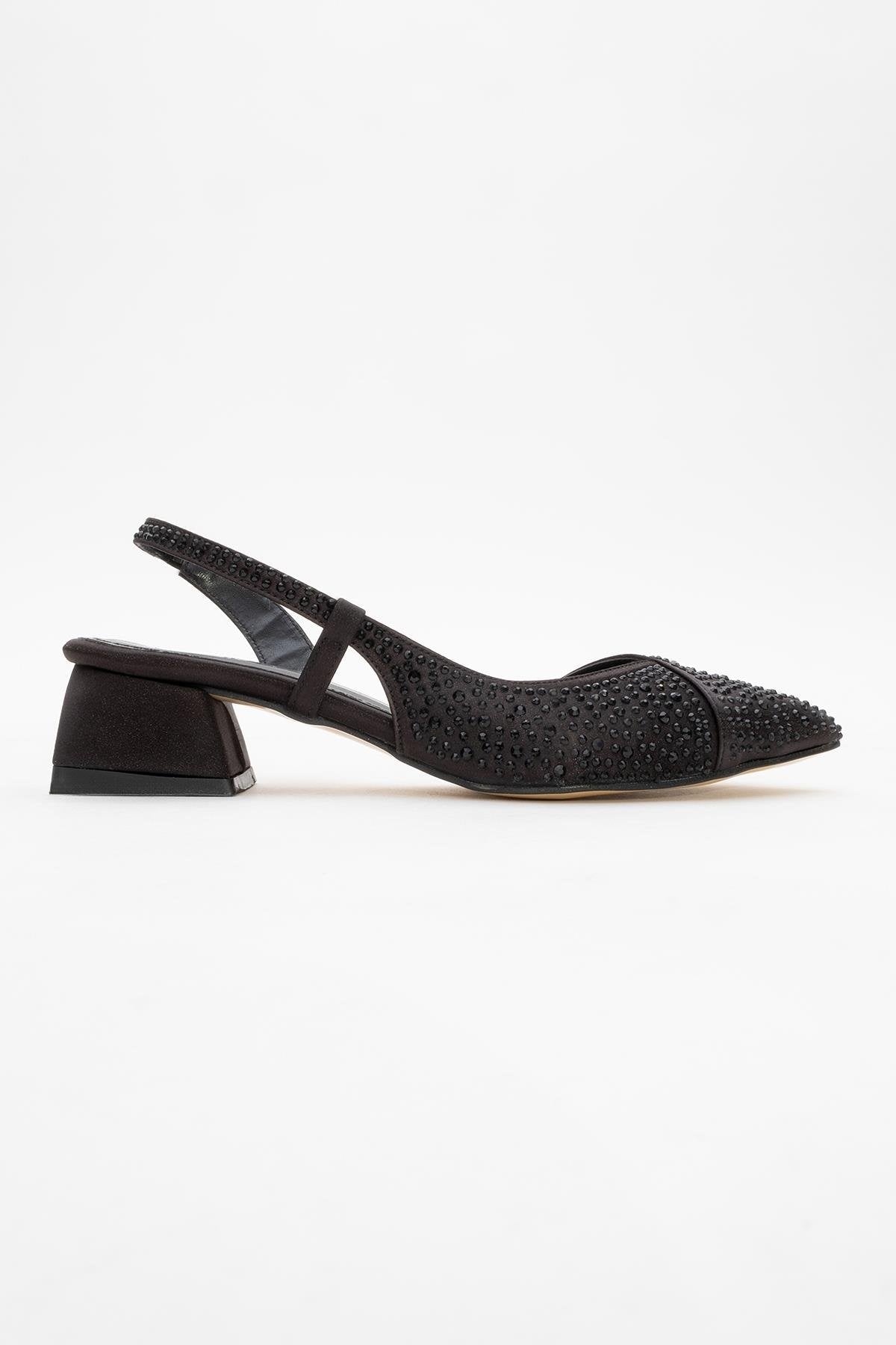 Sella - Black Jeweled Low Heel Shoe – top view showing leather, black, Vowalisse