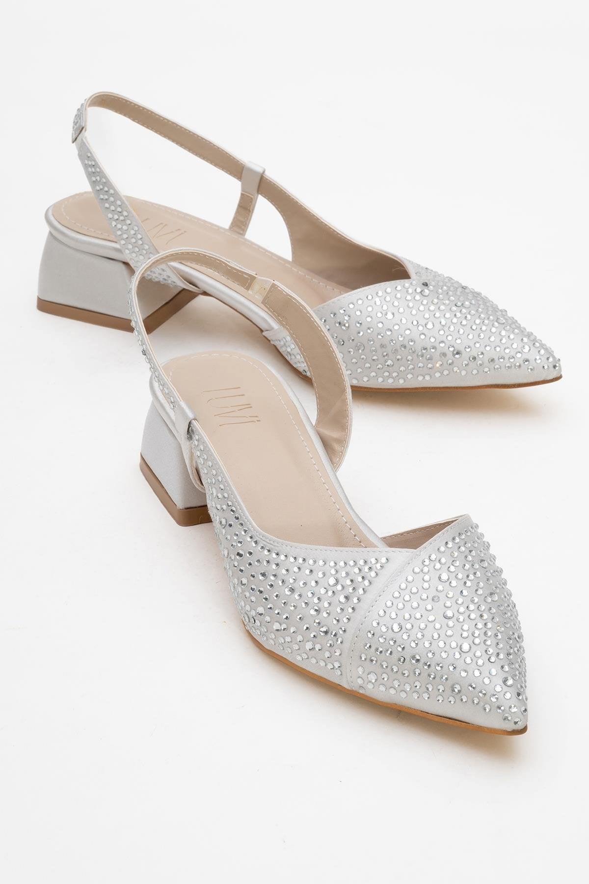Sella - Silver Jeweled Low Heel Shoe – front three-quarter view showing leather, silver, Vowalisse