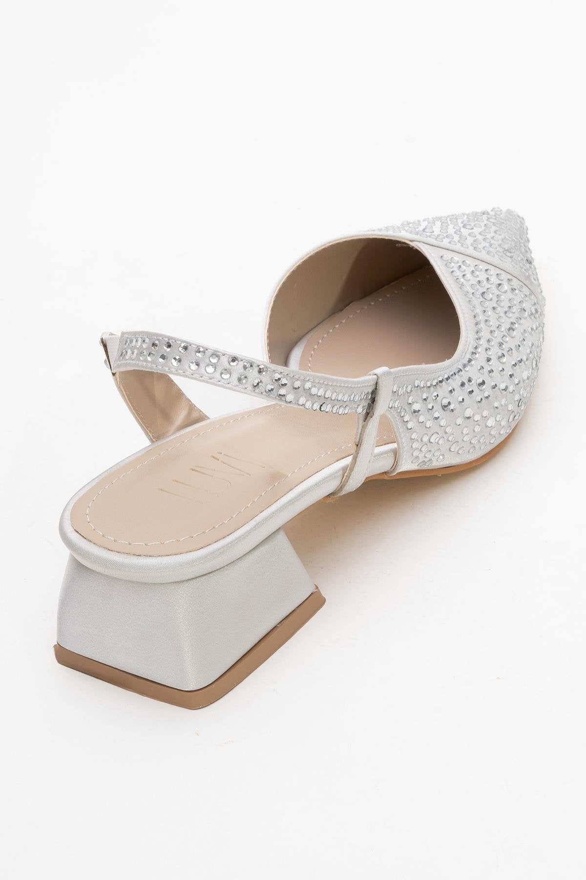 Sella - Silver Jeweled Low Heel Shoe – back view showing leather, silver, Vowalisse