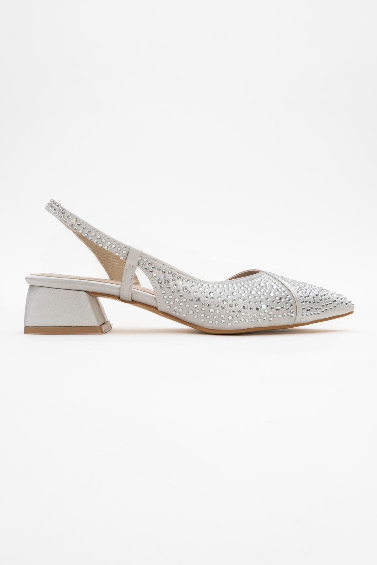 Sella - Silver Jeweled Low Heel Shoe – top view showing leather, silver, Vowalisse