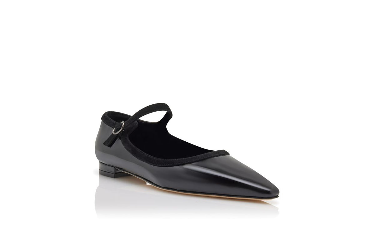 Fiorella Star Black Pointed Toe Mary Jane Shoes – top view showing black pointed toe, suede, patent leather, Vowalisse