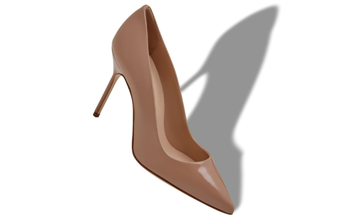 Lucienne Crown Neutral Pointed Toe Pumps – front three-quarter view showing neutral pointed toe, patent leather, Vowalisse