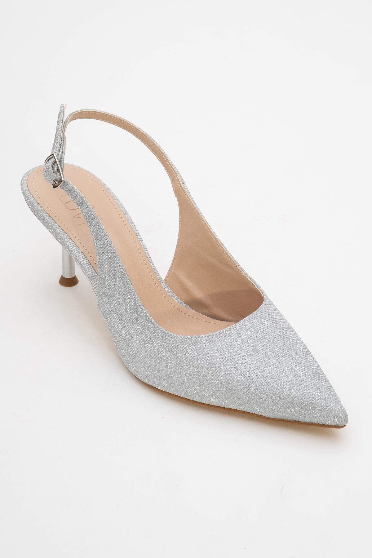Caisa - Silver Glitter Stiletto Pump – detail view showing leather, glitter, silver, Vowalisse