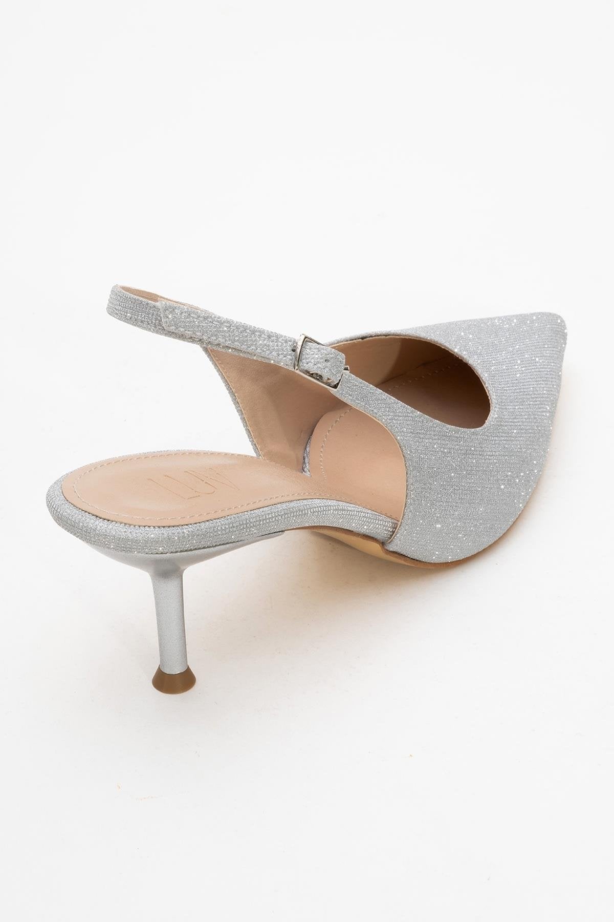 Caisa - Silver Glitter Stiletto Pump – back view showing leather, glitter, silver, Vowalisse