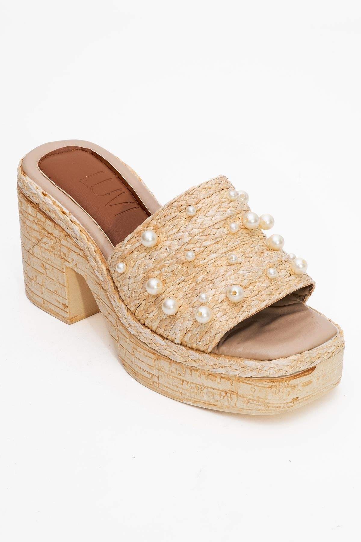 Rayne - Beige Straw Pearl Platform Heel Mule – detail view showing pearl, leather, Vowalisse
