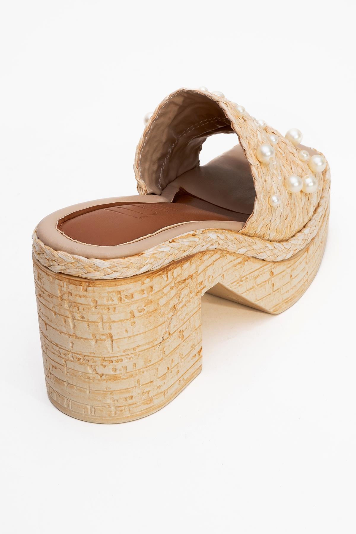 Rayne - Beige Straw Pearl Platform Heel Mule – back view showing pearl, leather, Vowalisse